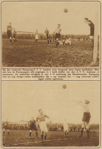 870955 Collage van 2 foto's (spelmomenten) betreffende de voetbalwedstrijd Kampong-Z.V.V. in Utrecht; Kampong verloor ...